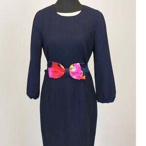 Vintage Crepe Bow Accent Sheath Dress Womens Navy Blue Floral Belt
